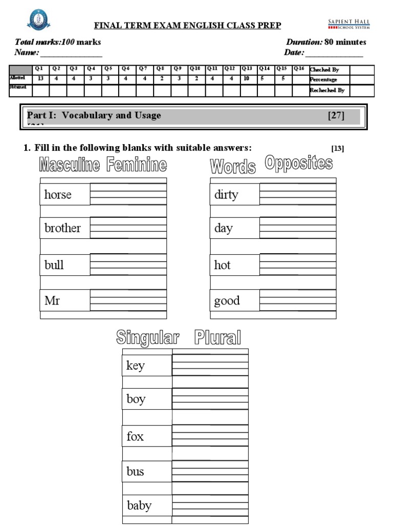 English Class Term Exam Preparation | PDF
