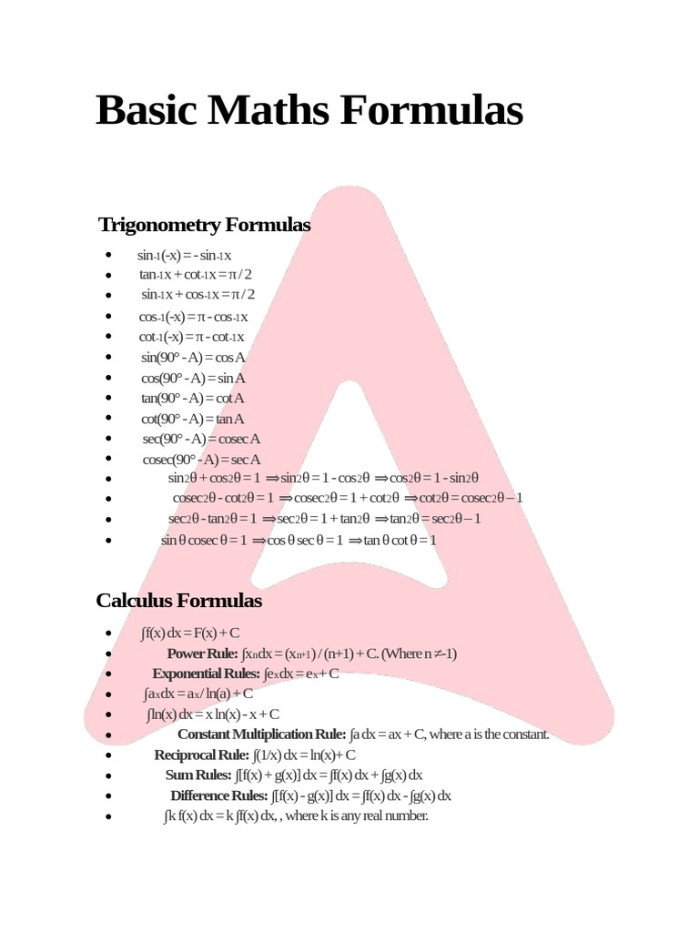 Essential Maths Formulas Guide | PDF | Volume | Sphere