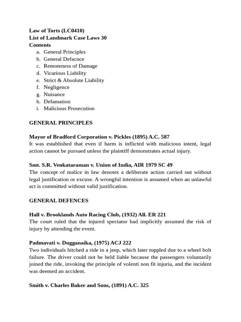 Landmark Tort Law Cases Overview | PDF | Negligence | Duty Of Care
