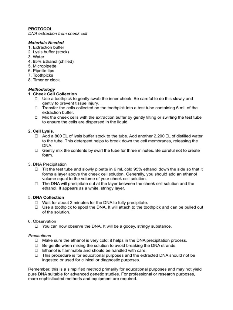 Cheek Cell DNA Extraction Protocol | PDF