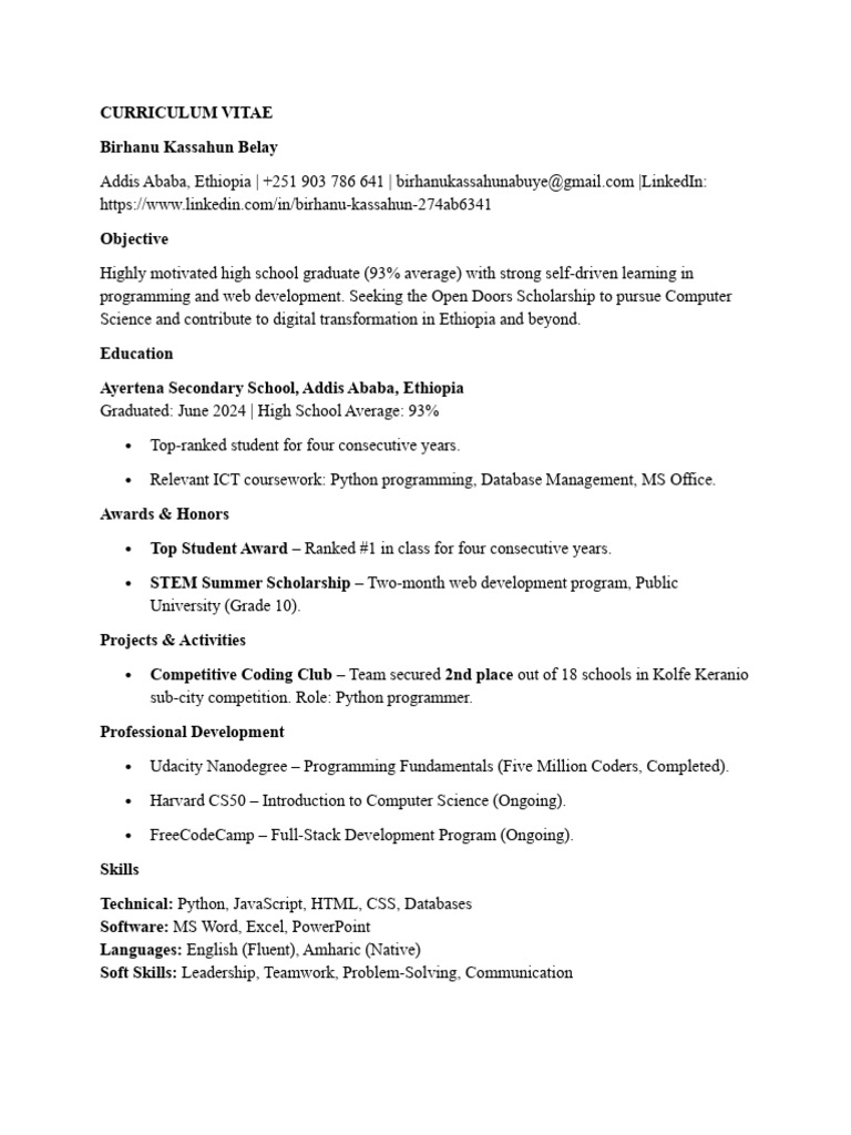High School Graduate CV for Computer Science | PDF