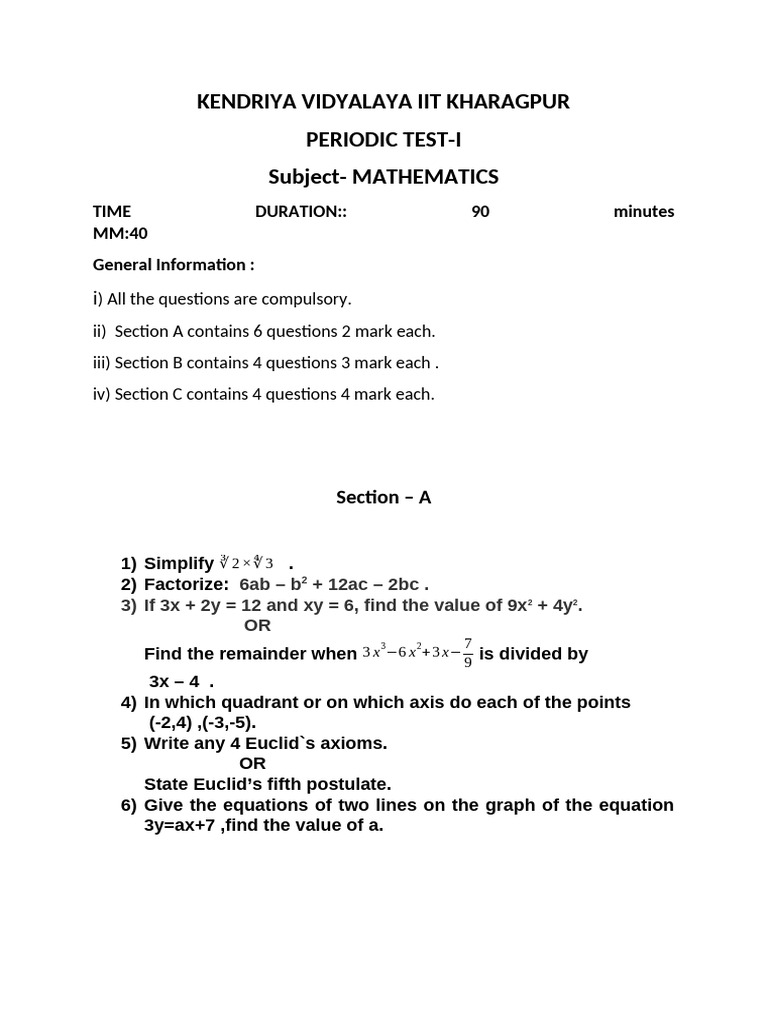 Mathematics Periodic Test Paper | PDF | Equations | Polynomial
