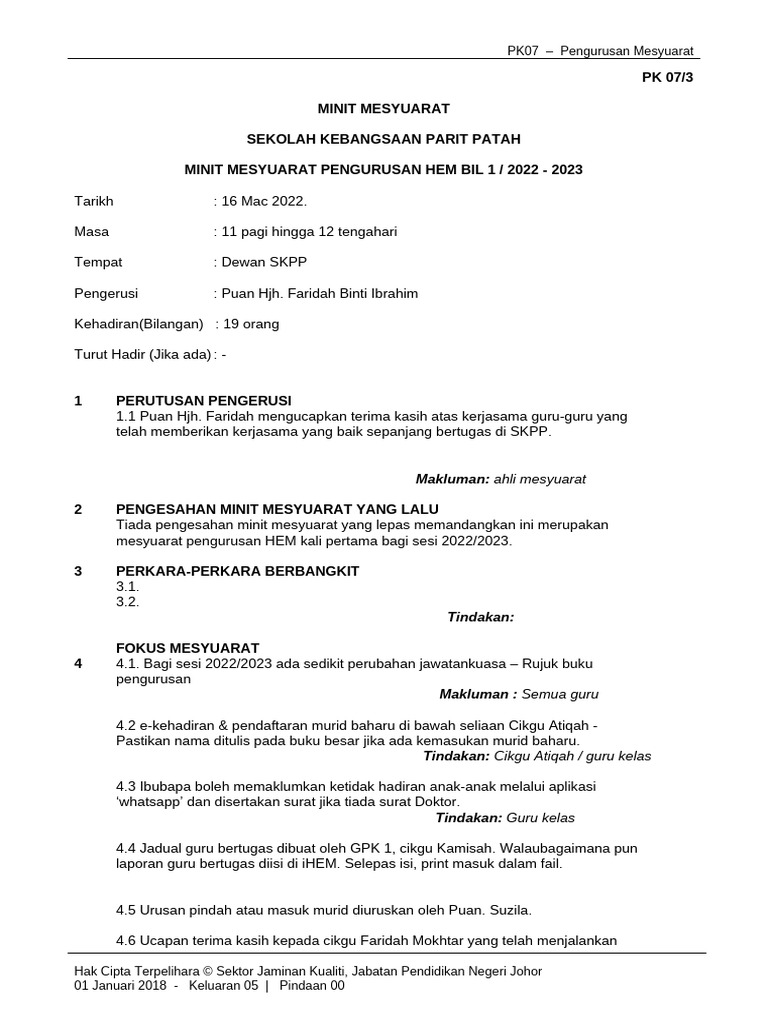 Pk07-3 Format Minit Mesyuarat | PDF