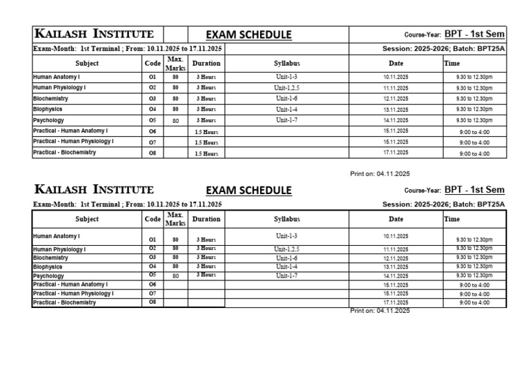 BPT 1st Sem Exam Schedule 2025-2026 | PDF | Biology
