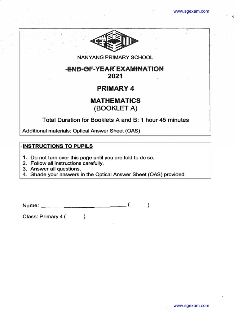 2021 P4 Maths Semestral Assessment 2 Nanyang | PDF