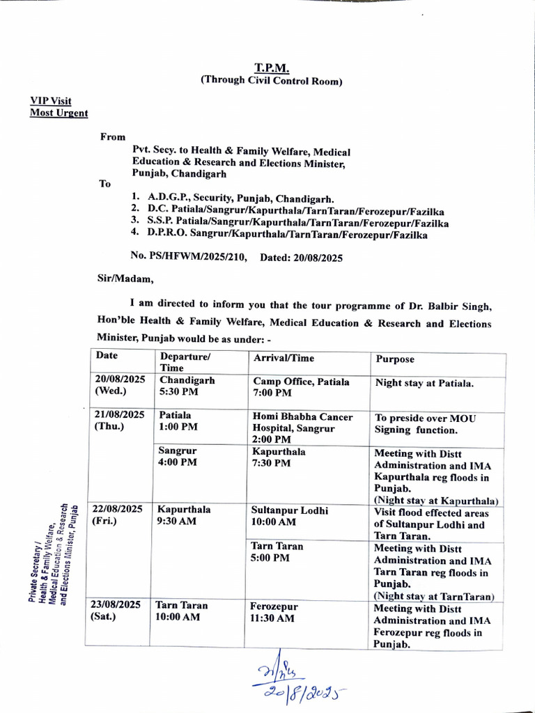 VIP Tour Schedule for Health Minister | PDF
