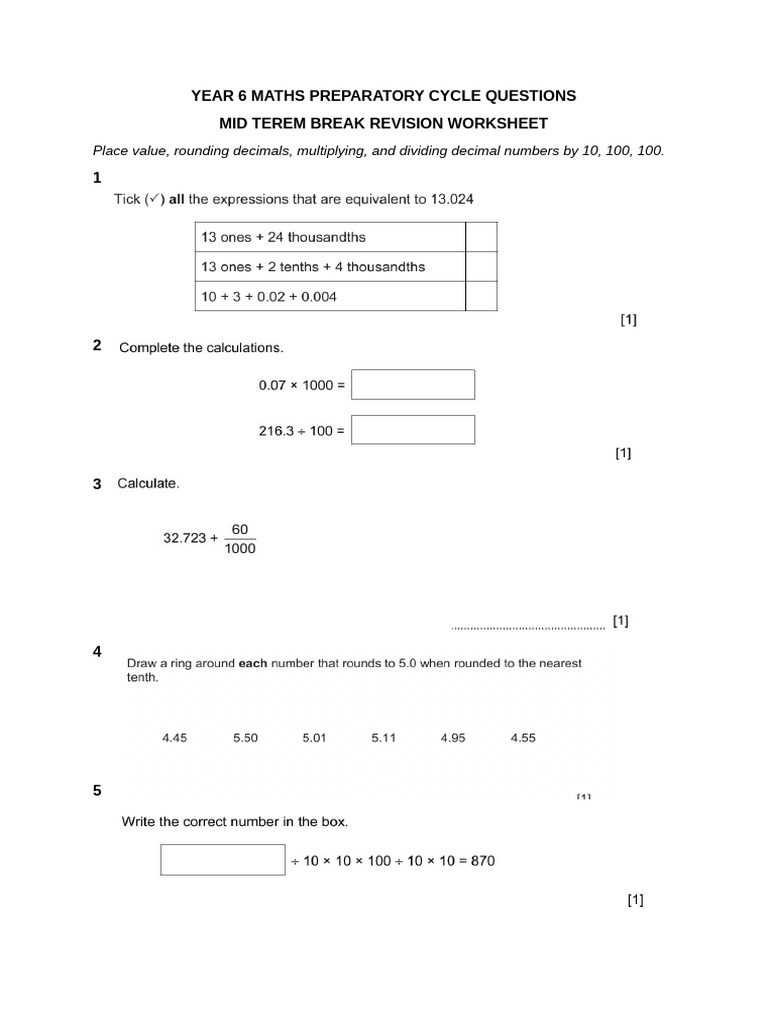Year 6 Maths Revision Worksheet | PDF