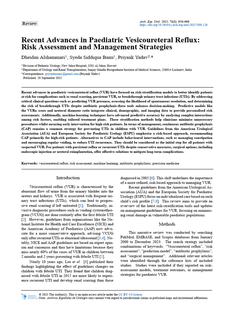 Recent Advances in Paediatric Vesicoureteral Reflux - Risk Assessment ...