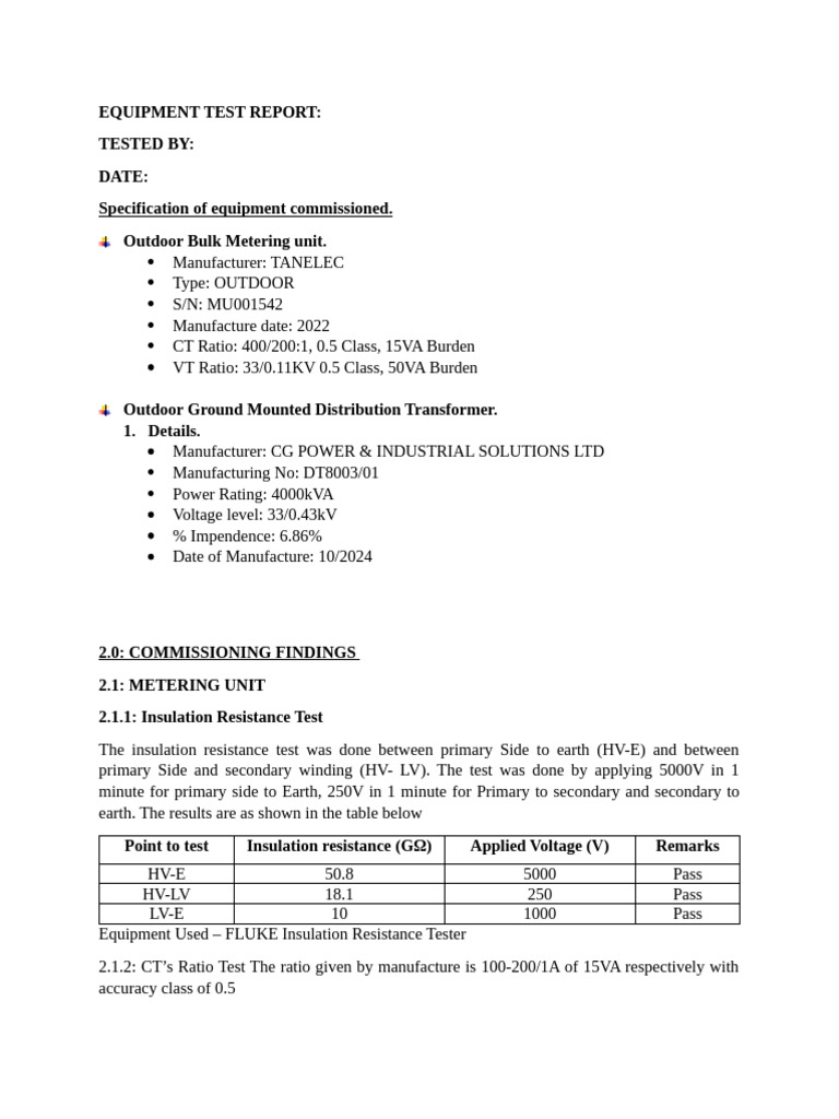 Equipment Test Report for Metering & Transformer | PDF | Transformer ...