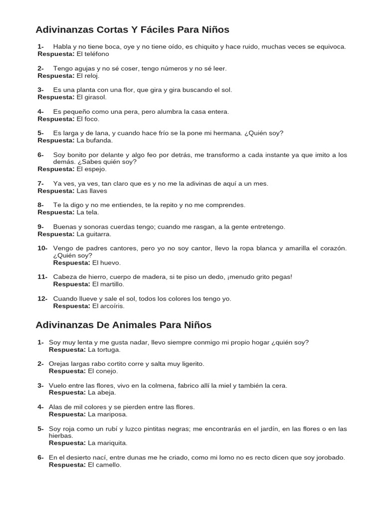 Adivinanzas Cortas para Niños | PDF