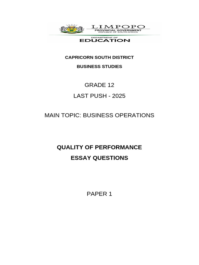Grade 12 Business Operations: Quality Performance | PDF | Quality ...