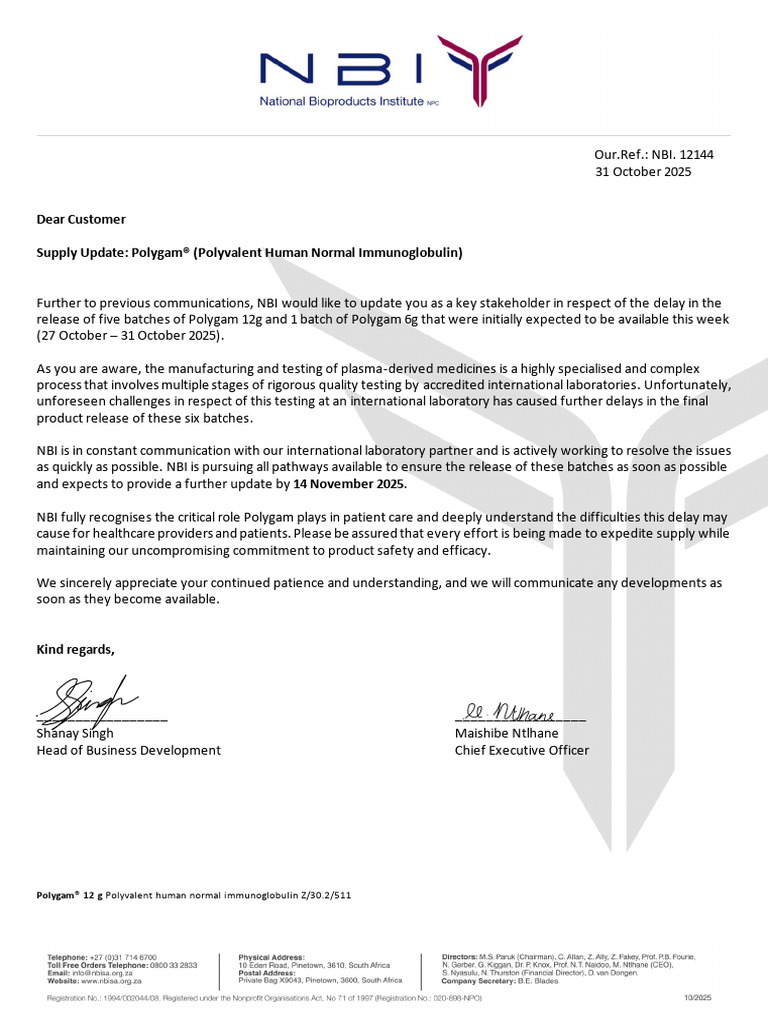 Polygam® Supply Delay Update 2025 | PDF