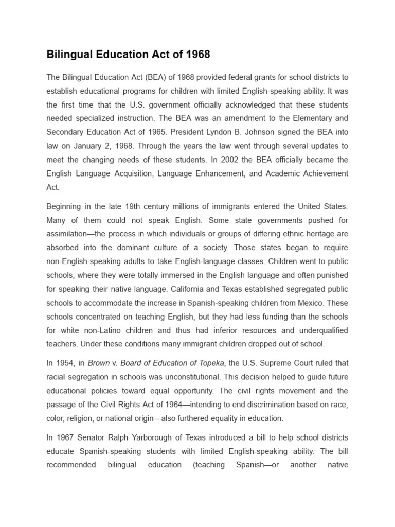 Overview of the 1968 Bilingual Education Act | PDF | Society Of The United States | The United ...