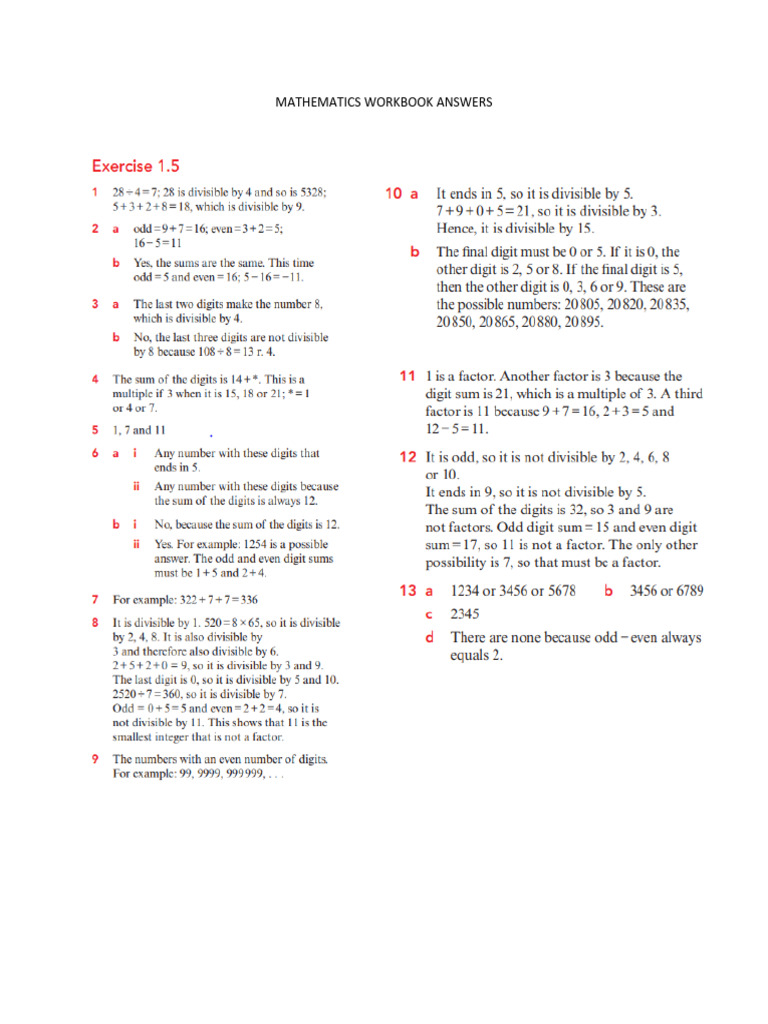 1.5 Mathematics Workbook Answers | PDF