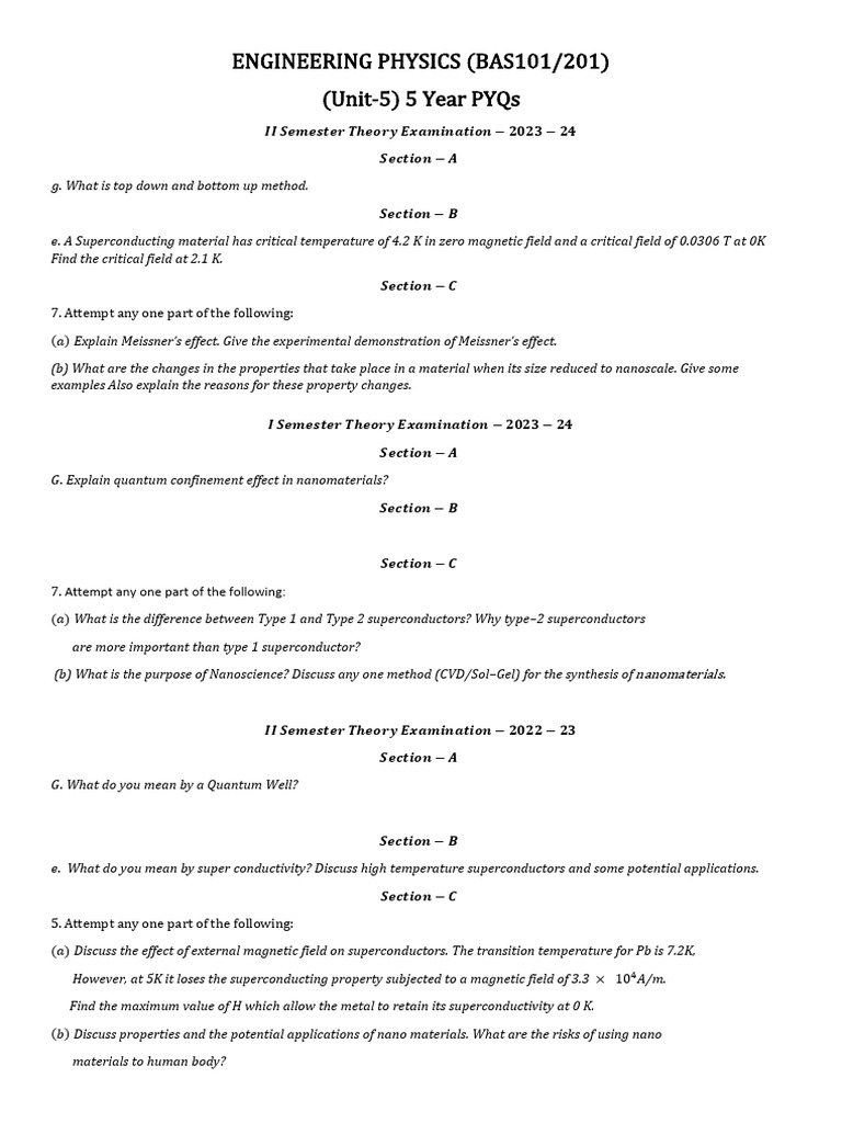 Engineering Physics PYQs: Superconductors & Nanomaterials | PDF ...