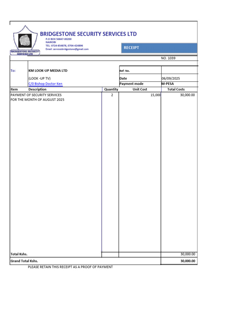 Bridgestone Security Services Receipt | PDF