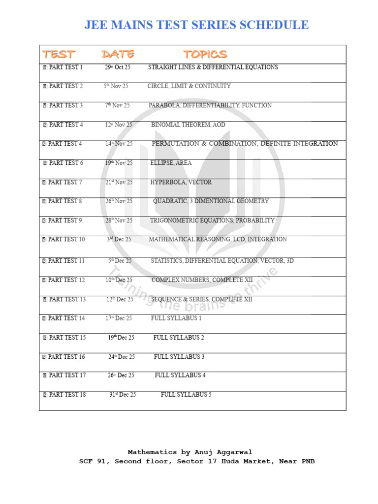 JEE Mains 2025 Test Series Schedule | PDF