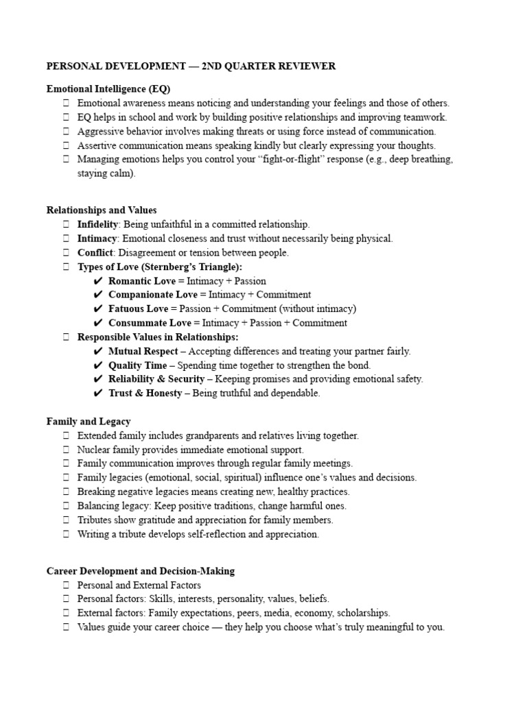 Personal Development 2nd QTR Reviewer | PDF | Intimate Relationships | Love