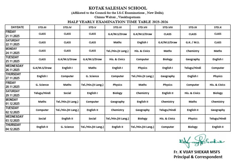 Half Yearly Exam Schedule 2025-26 | PDF