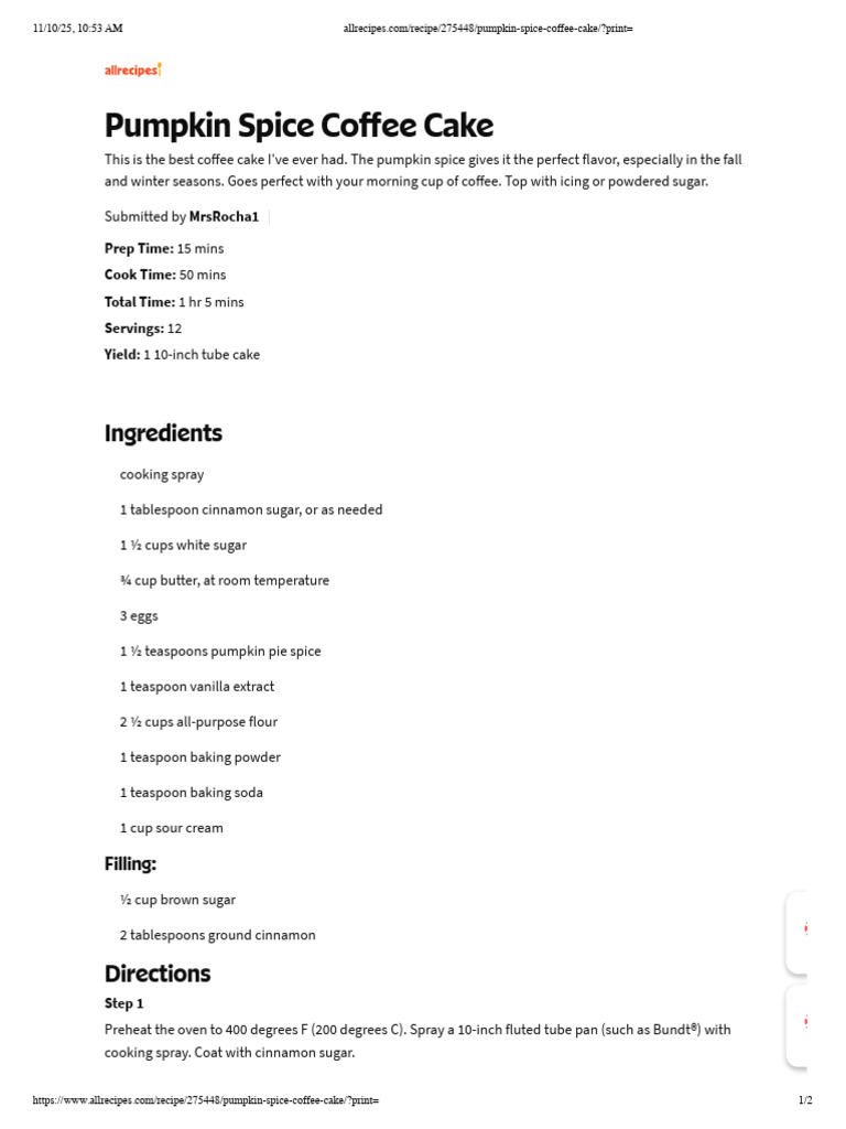 Recipe 275448 Pumpkin-Spice-Coffee-Cake Print | PDF | Cakes | Baking