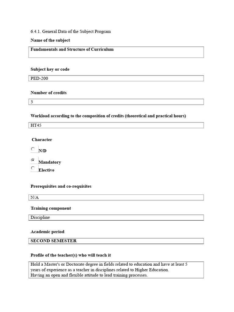 Program of Foundation and Structure of The Curriculum | PDF ...