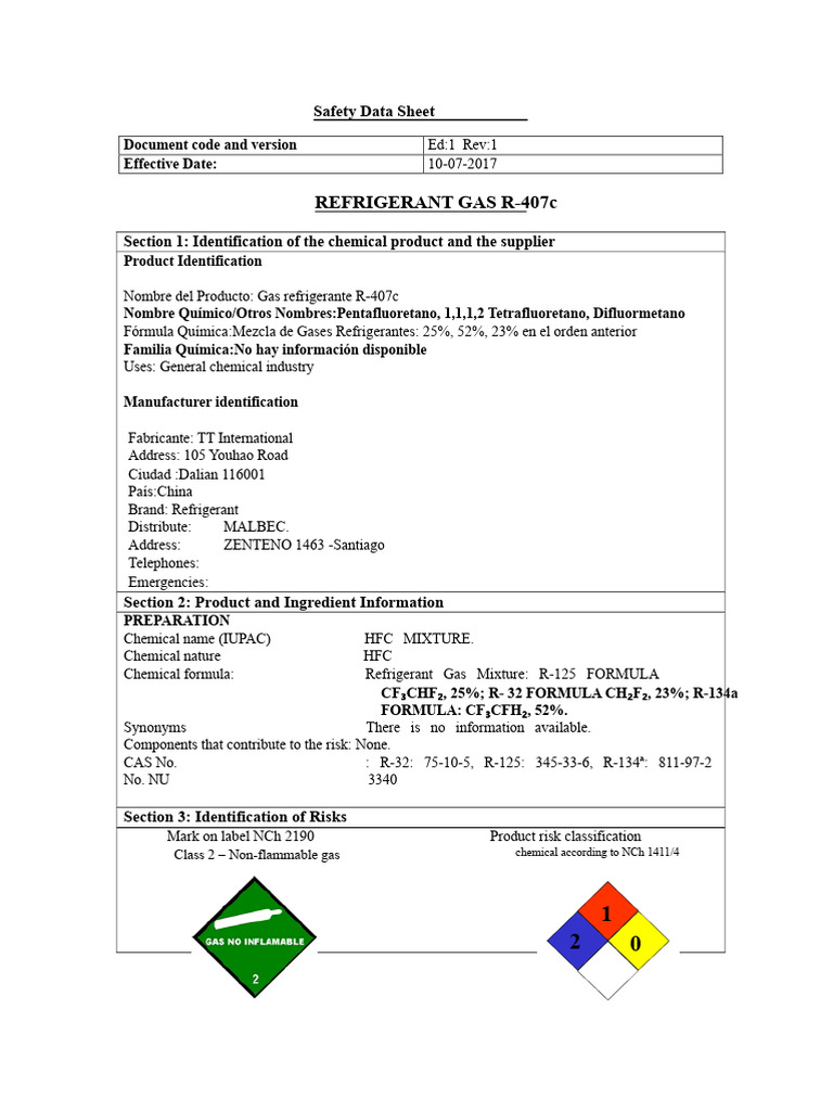 R-407c Refrigerant Gas Safety Data Sheet | PDF | Dangerous Goods ...