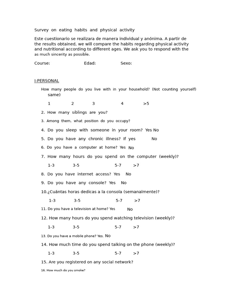 Eating Habits and Activity Survey | PDF | Meal | Drink