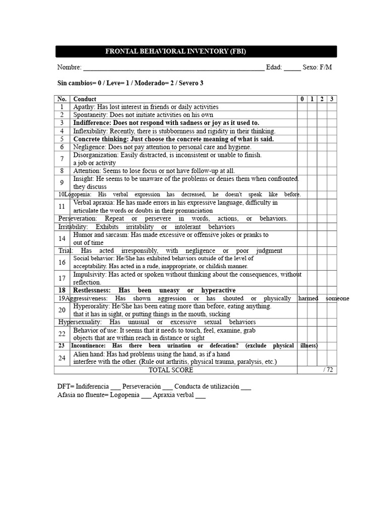 Frontal Behavioral Inventory Assessment | PDF | Psychology ...