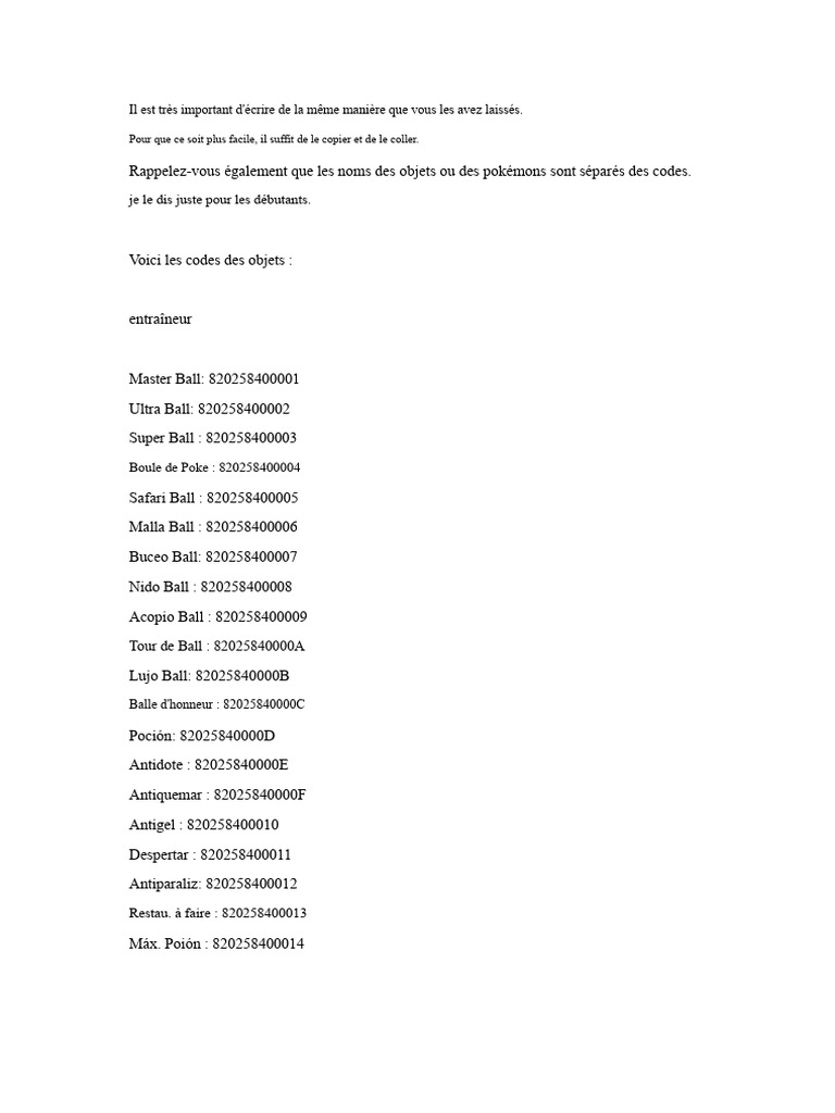 Codes d'objets et Pokémon Pokémon | PDF | Pokémon | Franchises Nintendo