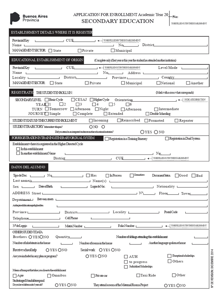Secondary Education Enrollment Application | PDF
