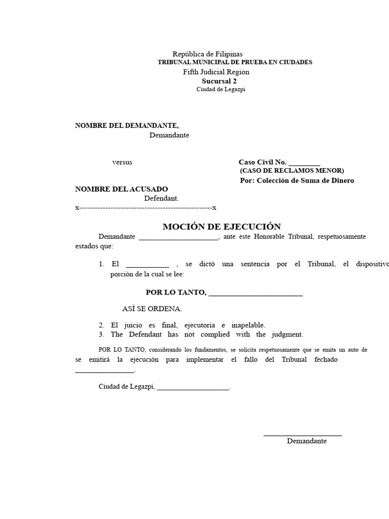 Moción de Ejecución en Caso Civil Filipinas | PDF