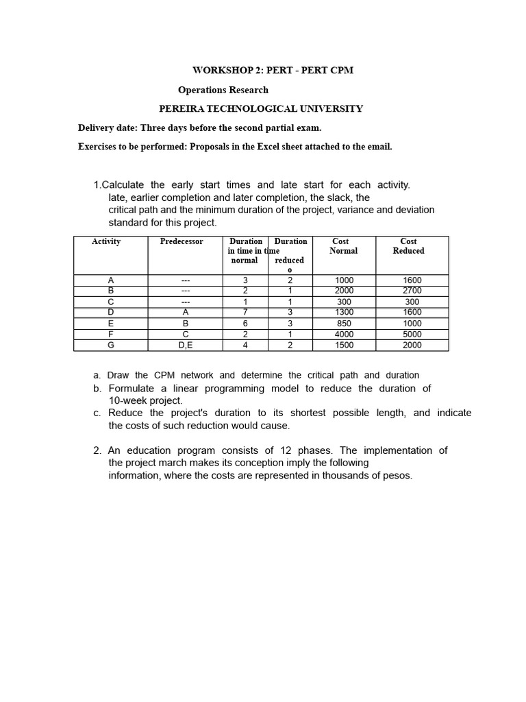PERT CPM Workshop Exercises Guide | PDF