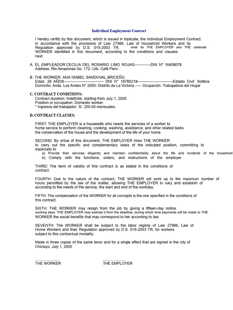 Household Worker Contract | PDF | Employment | Working Time