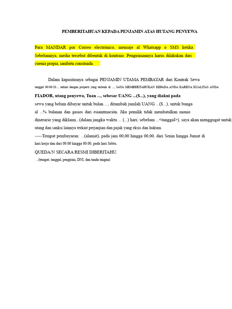 Pemberitahuan Utang Penyewa untuk Penjamin | PDF