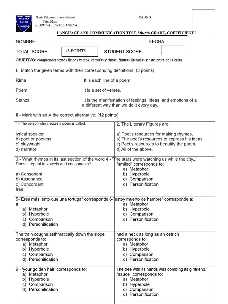 Language Test Lyrical and Non-Literary Texts | PDF | Poetry | Linguistics