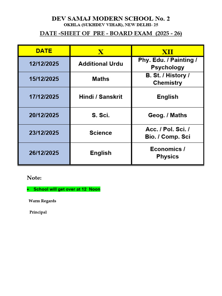 Dev Samaj Modern School Pre-Board Schedule | PDF