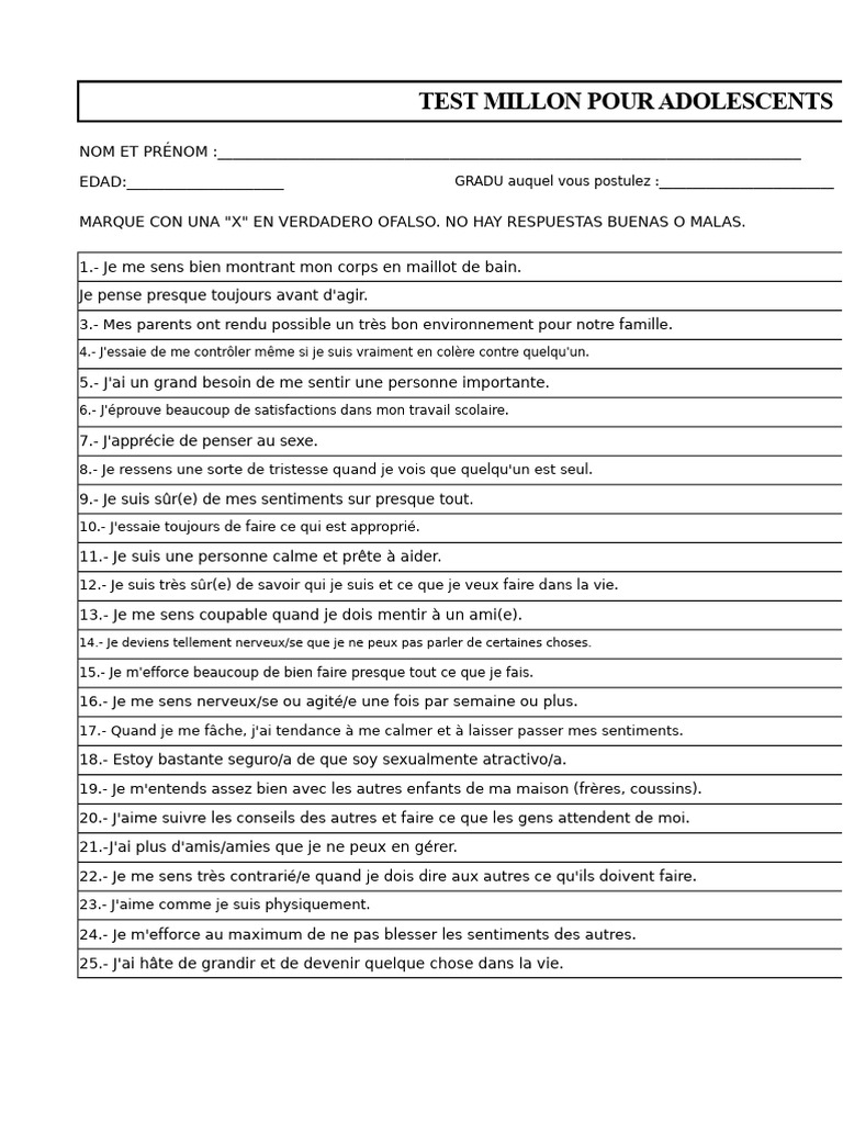 Test Millon pour Adolescents : Évaluation Psychologique | PDF | Concept ...