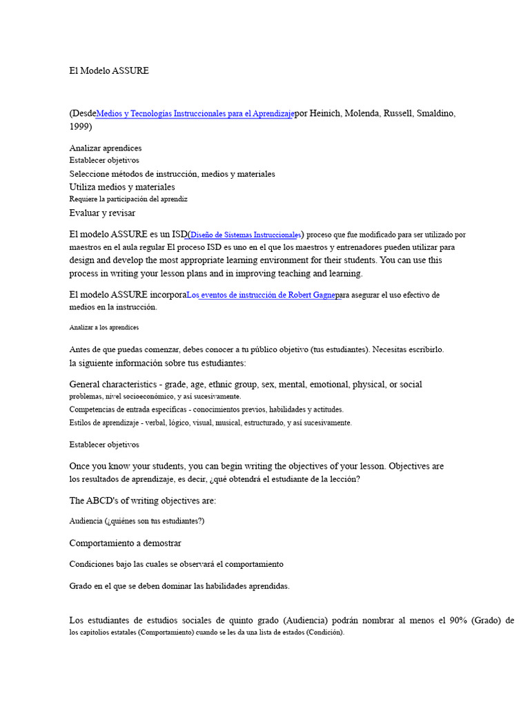 Modelo ASSURE para Diseño Instruccional | PDF | Aprendizaje | Método de ...