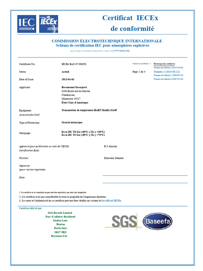 Certificat IECEx pour Transmetteur HART 3144P | PDF | Commission ...