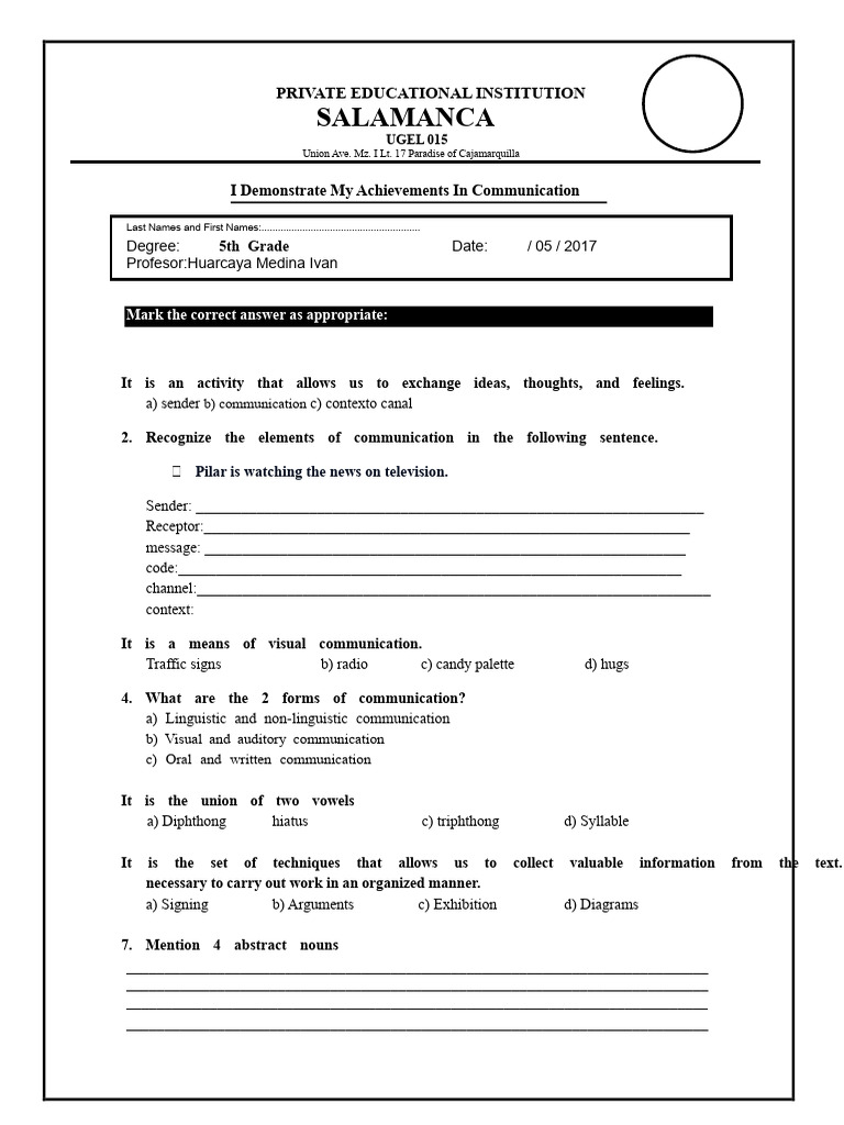 5th Grade Communication Exam | PDF | Communication | Linguistics