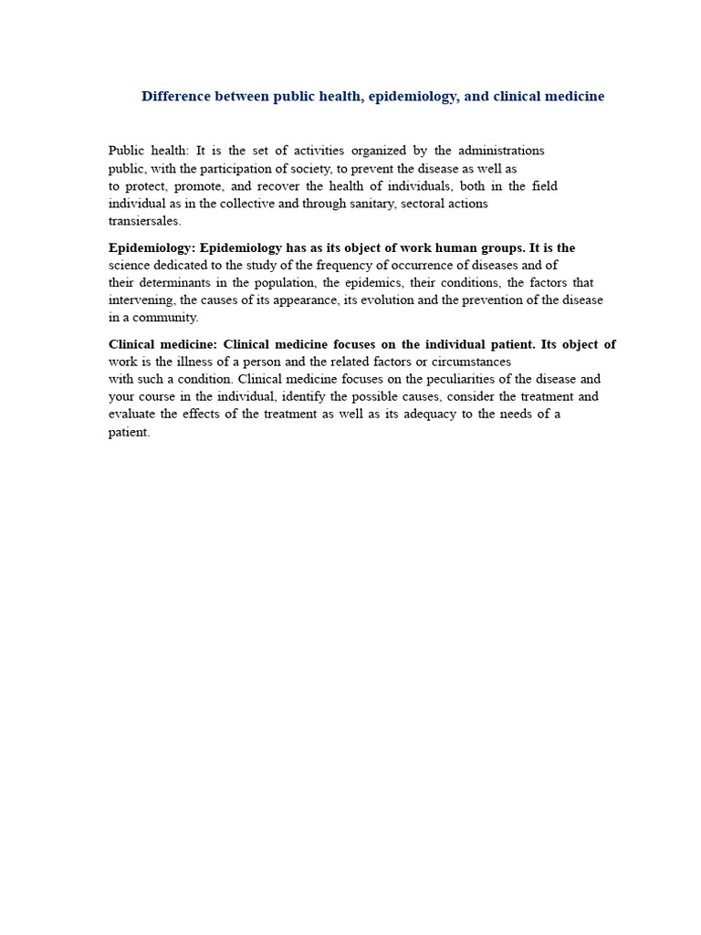 Public Health vs. Epidemiology vs. Clinical Medicine | PDF