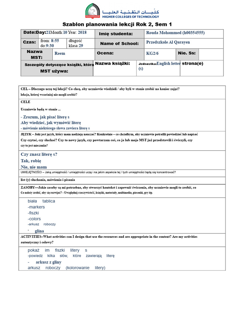 Plan Lekcji Litera S | PDF