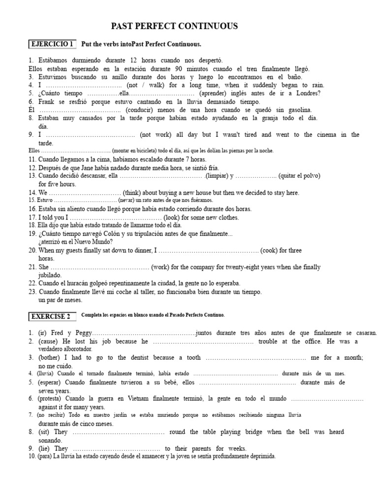 Ejercicios de Pasado Perfecto Continuo | PDF