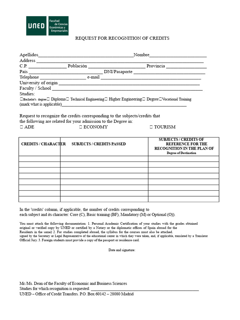 Credit Recognition Request Form | PDF | Academic Degree | Qualifications