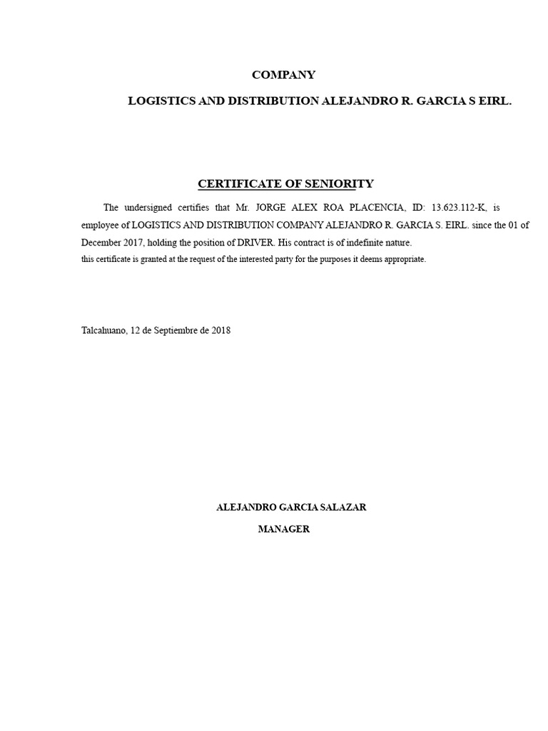 Employee Seniority Certificate for Driver | PDF