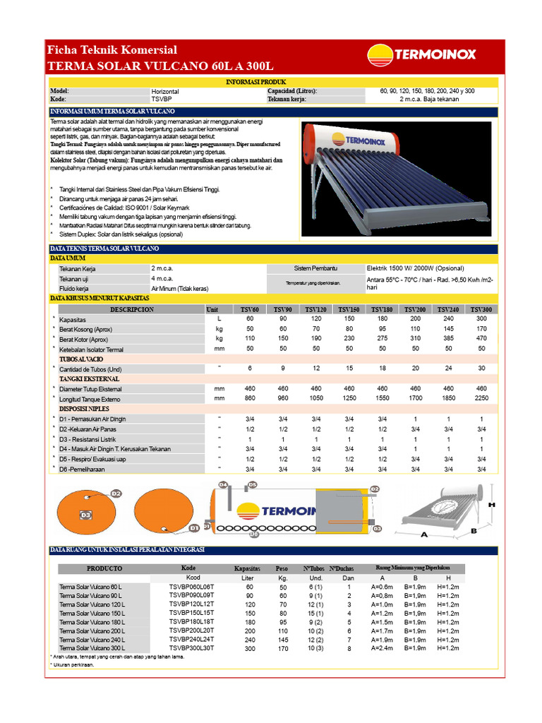 Spesifikasi Terma Solar Vulcano 60-300L | PDF