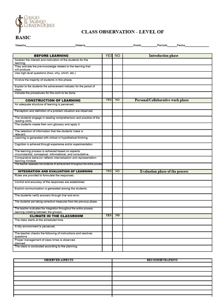 Class Observation Checklist for Teachers | PDF | Learning | Teachers