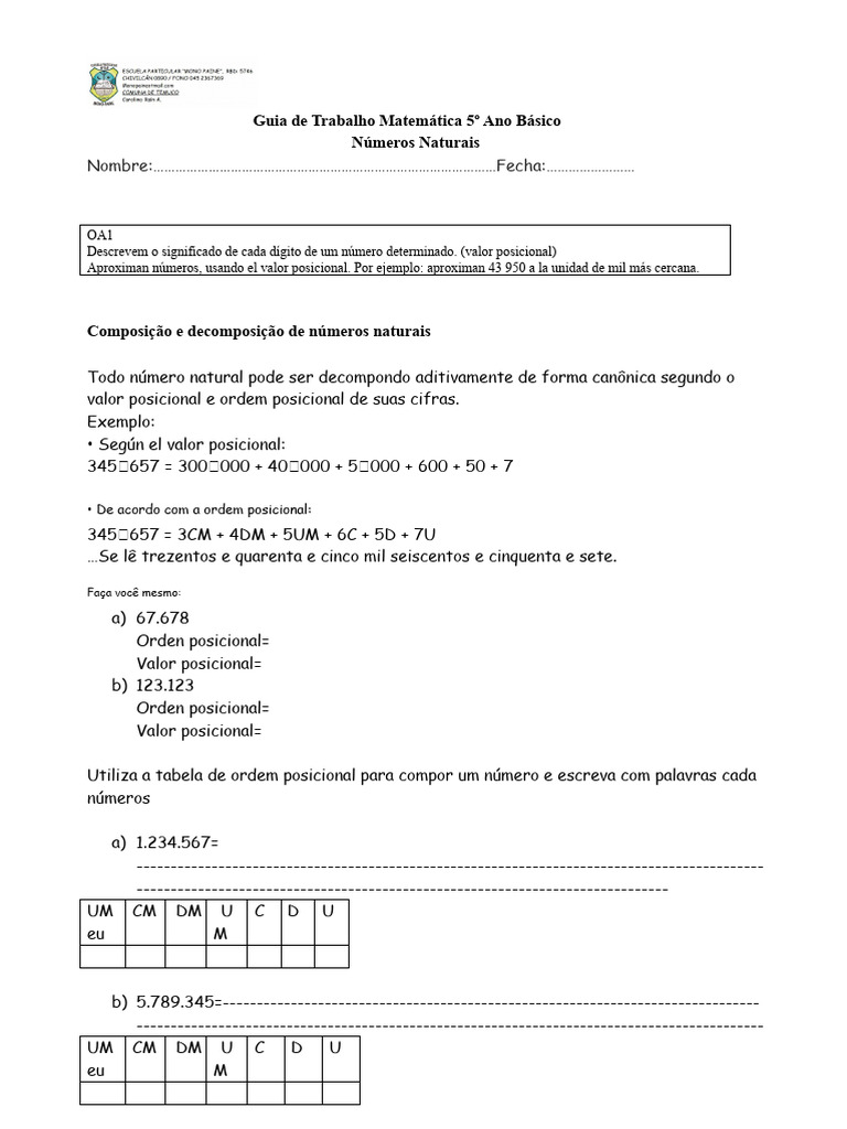 Guia de Matemática: Números Naturais 5º Ano | PDF | Matemática | Teoria ...