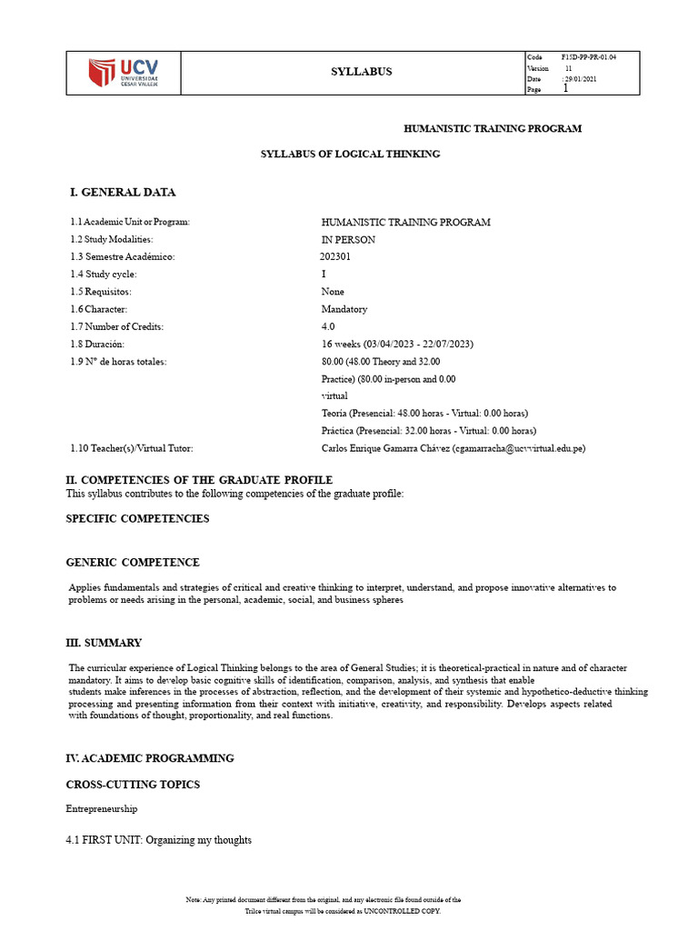 Syllabus Of Logical Thinking 2023 1 Pdf Thought Critical Thinking