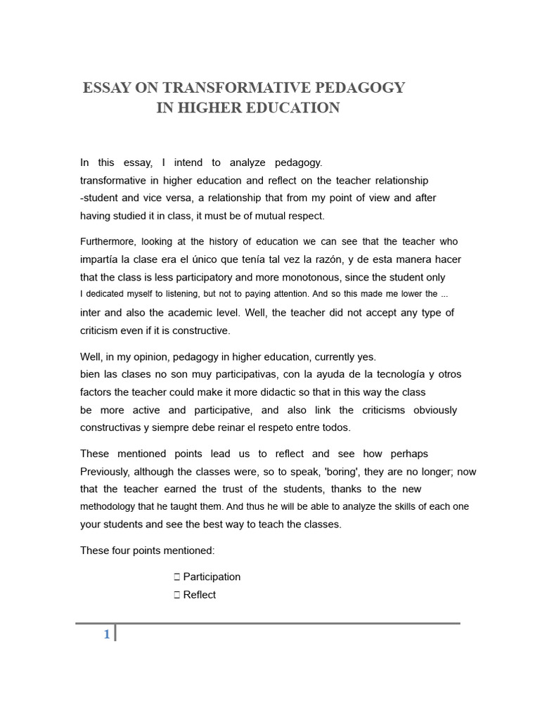 Essay On Transformative Pedagogy in Higher Education | PDF | Pedagogy ...